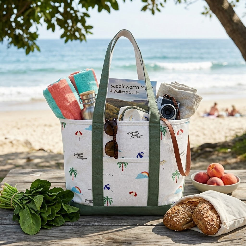 Paradise Beach Icons Canvas Tote Bag – Coastal Vacation Carryall