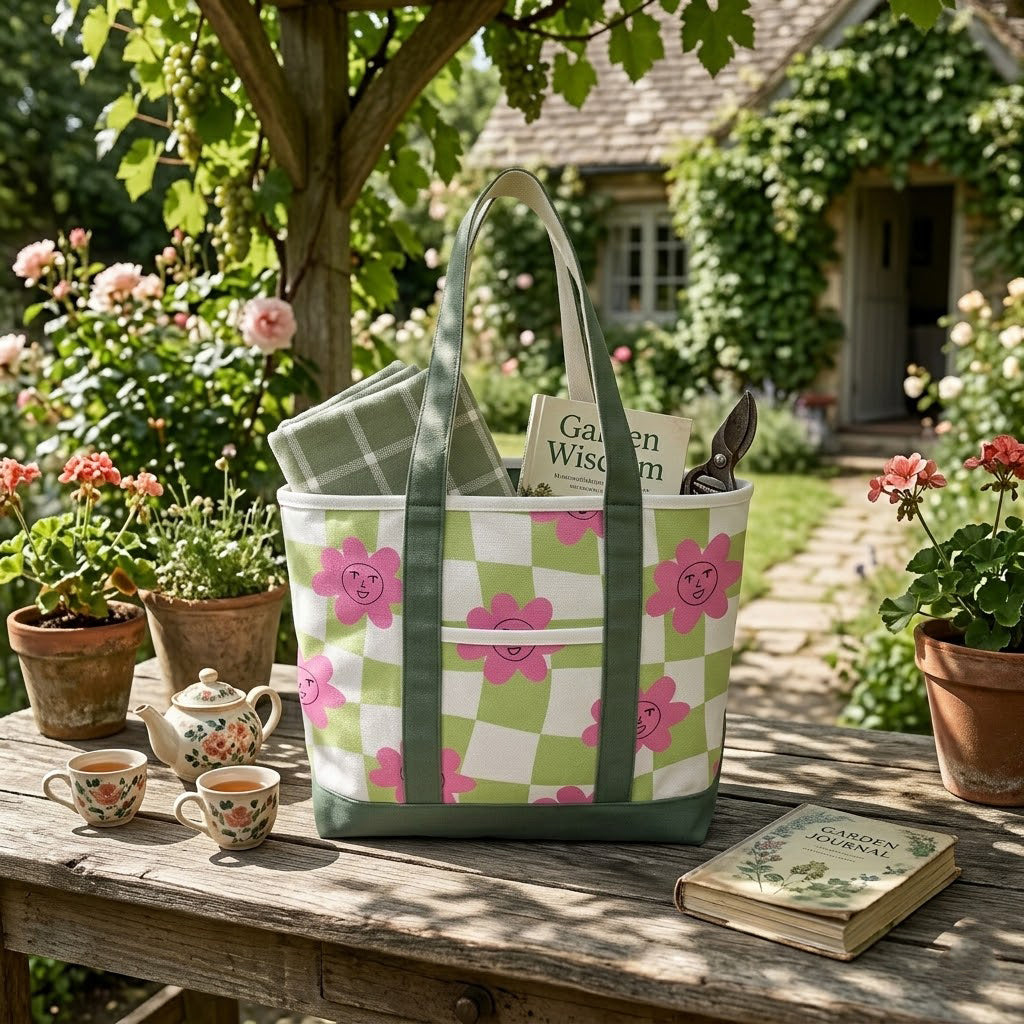 Retro Smiley Flower Canvas Tote Bag – Playful Checkerboard Carryall