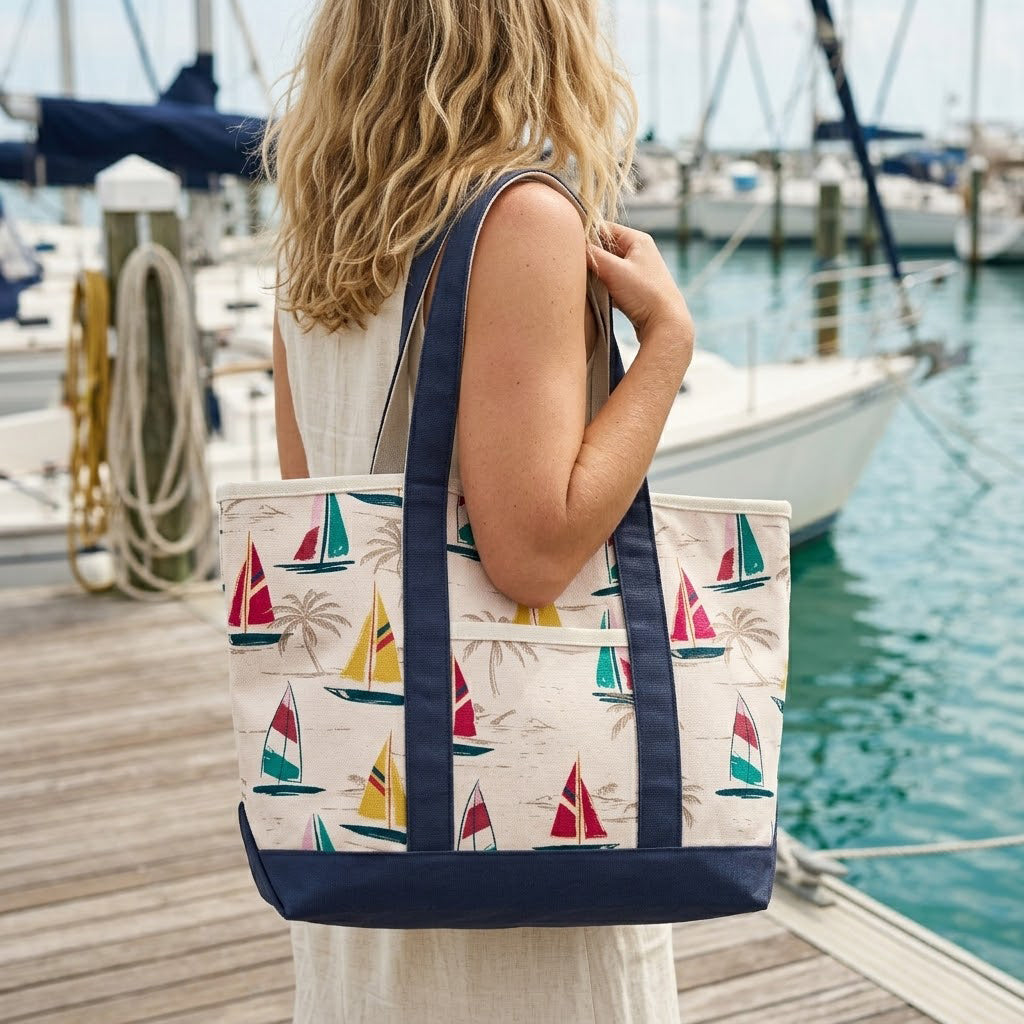 Coastal Sailboat Canvas Tote Bag ¨C Nautical Vacation Graphic Carryall