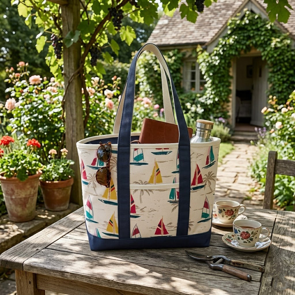Coastal Sailboat Canvas Tote Bag ¨C Nautical Vacation Graphic Carryall