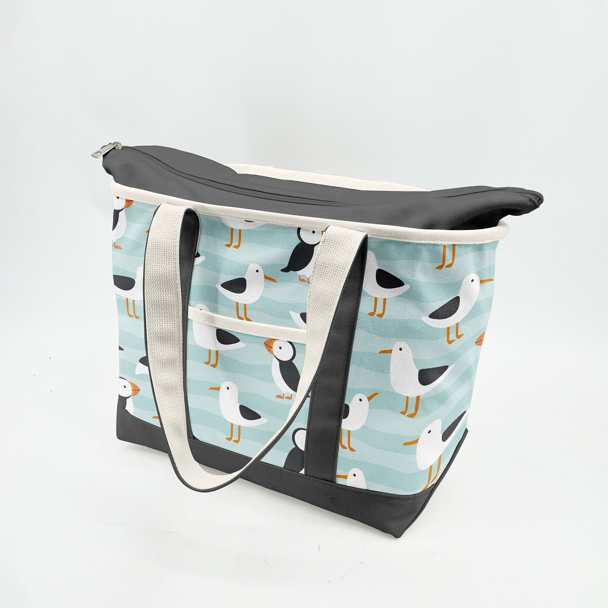 Coastal Puffin & Seagull Canvas Tote Bag ¨C Ocean Bird Travel Carryall