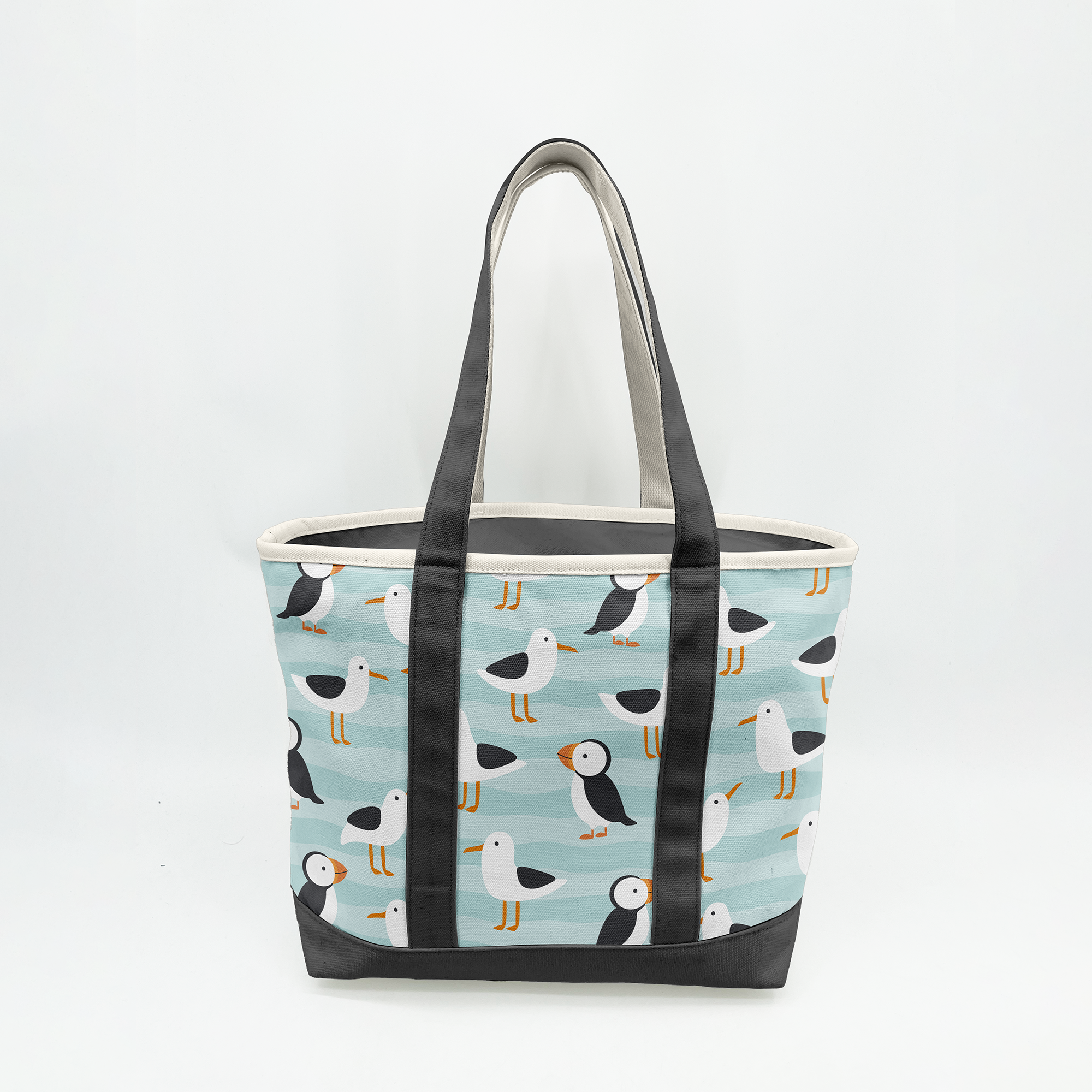 Coastal Puffin & Seagull Canvas Tote Bag ¨C Ocean Bird Travel Carryall
