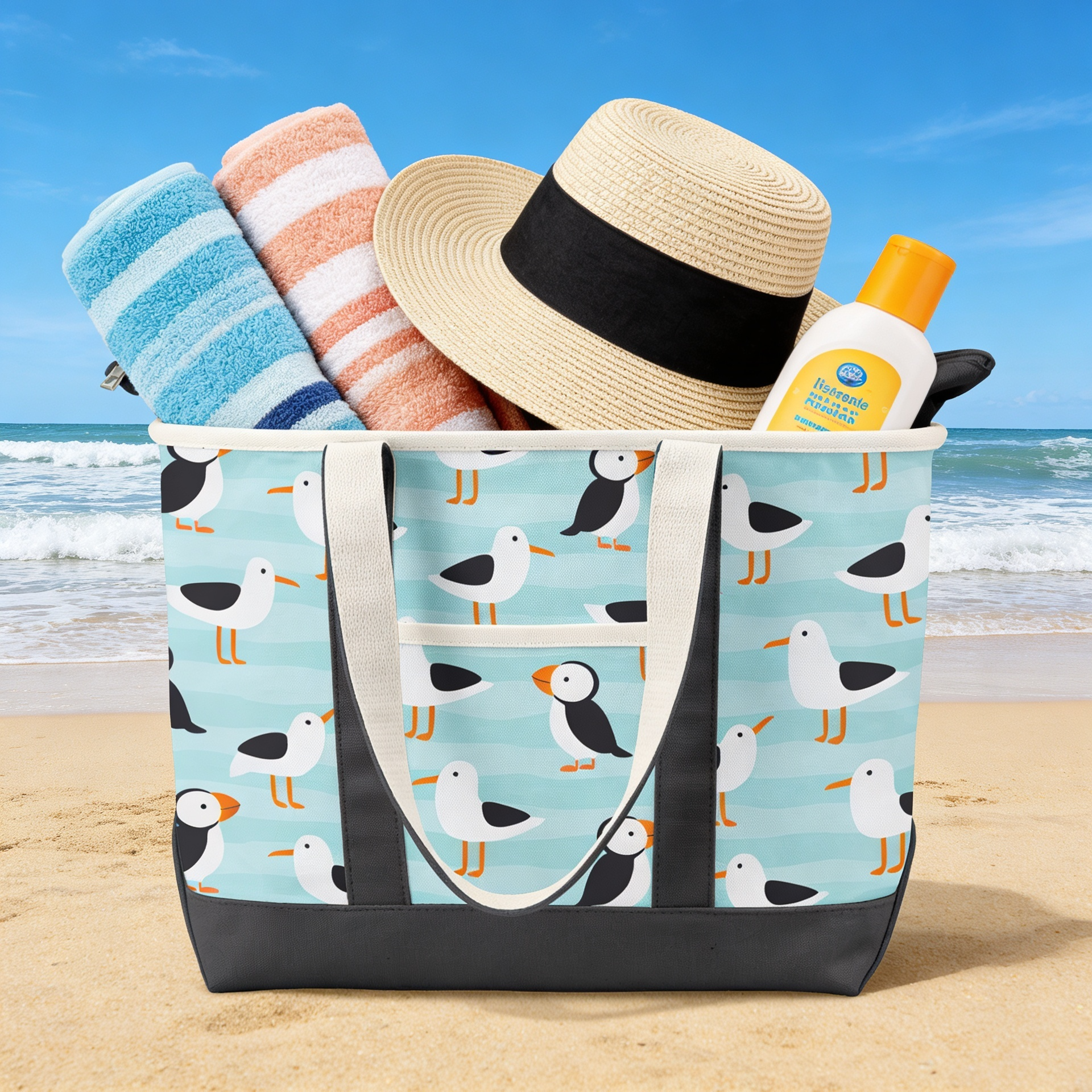 Coastal Puffin & Seagull Canvas Tote Bag ¨C Ocean Bird Travel Carryall