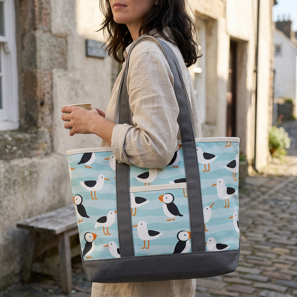 Coastal Puffin & Seagull Canvas Tote Bag ¨C Ocean Bird Travel Carryall