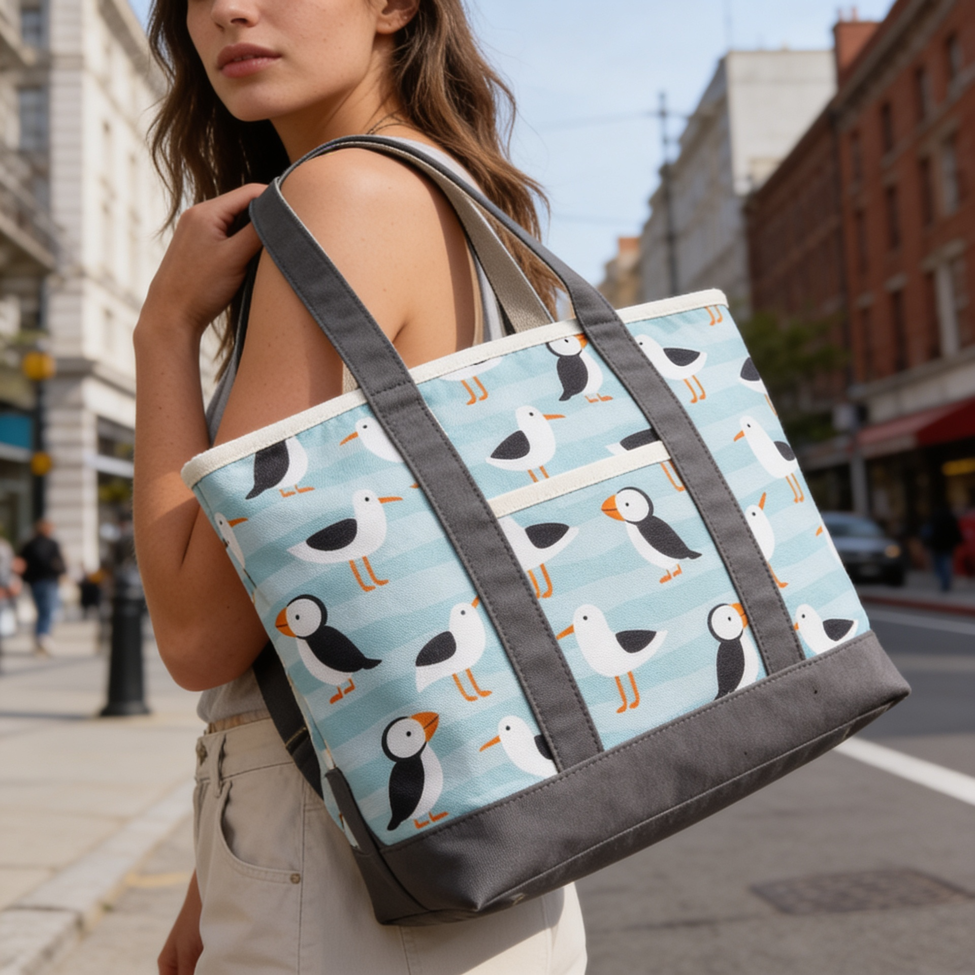 Coastal Puffin & Seagull Canvas Tote Bag ¨C Ocean Bird Travel Carryall