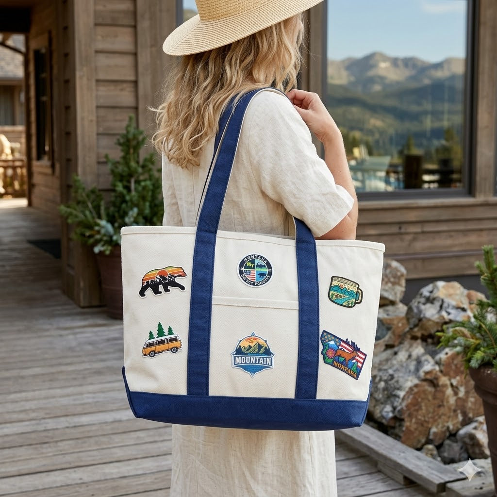 Montana Adventure Patch Canvas Tote Bag ¨C Big Sky Travel Graphic Carryall