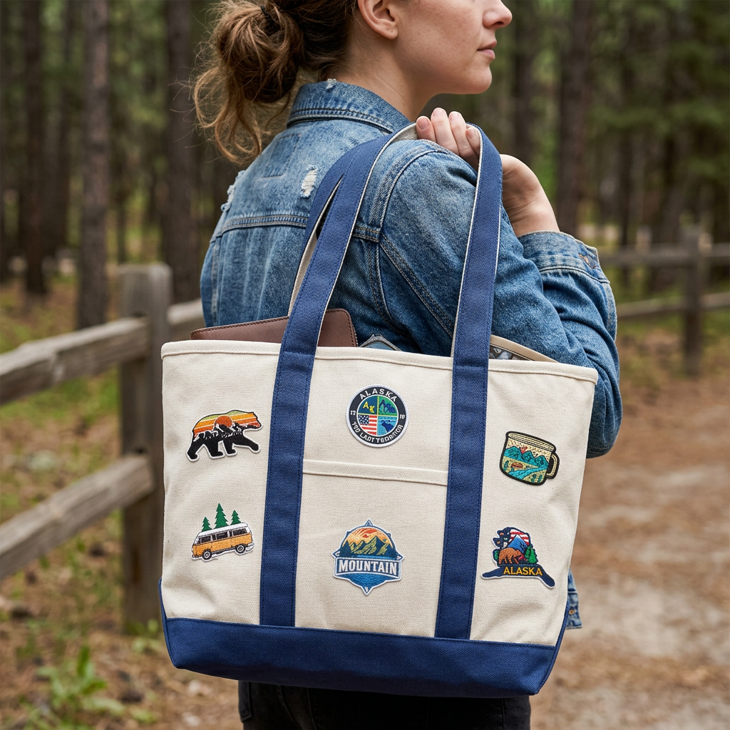 Alaska Adventure Patch Canvas Tote Bag ¨C Outdoor Travel Graphic Carryall