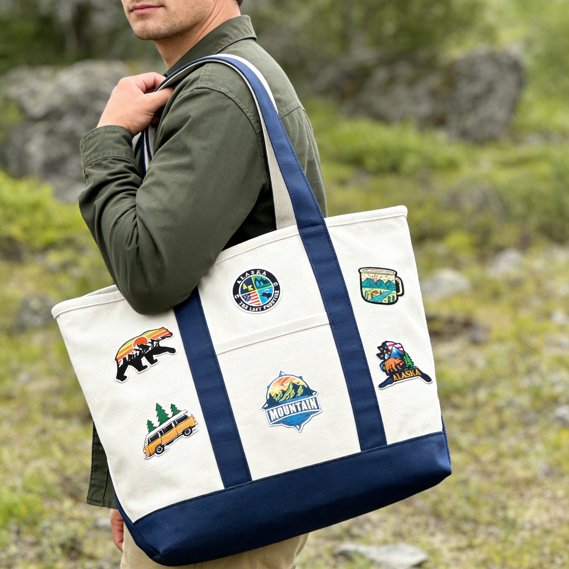 Alaska Adventure Patch Canvas Tote Bag ¨C Outdoor Travel Graphic Carryall