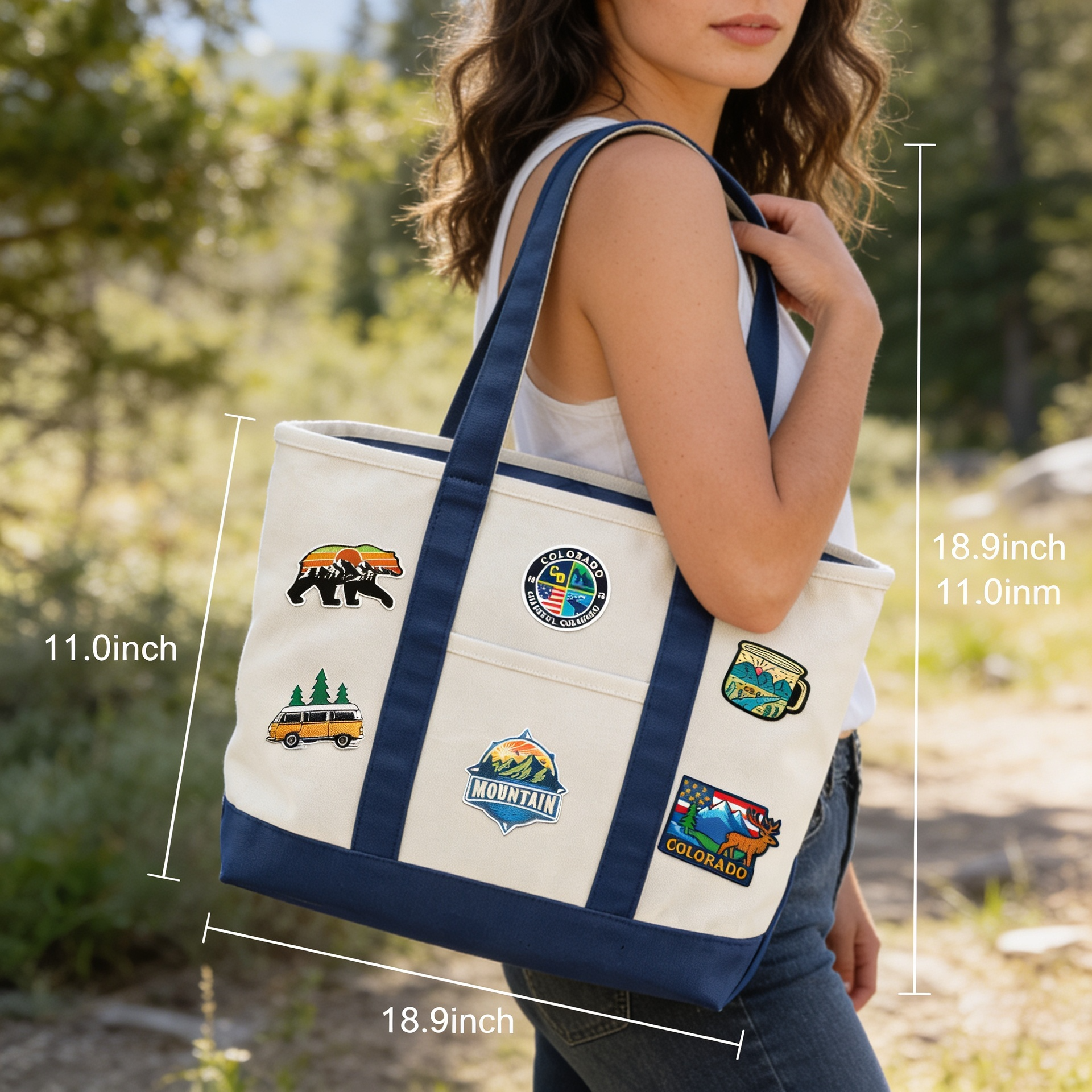 Colorado Adventure Patch Canvas Tote Bag – Mountain Travel Graphic Carryall
