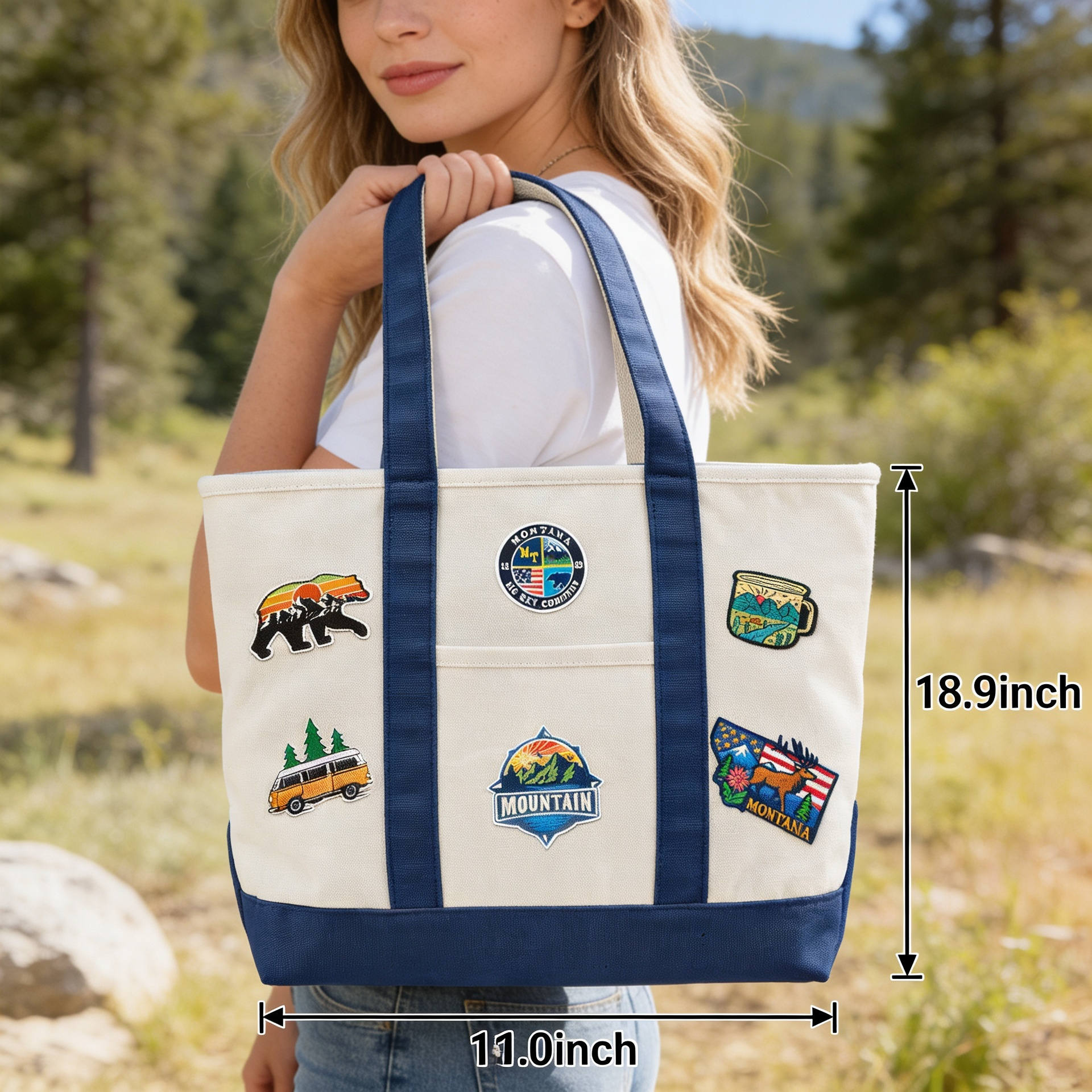 Montana Adventure Patch Canvas Tote Bag ¨C Big Sky Travel Graphic Carryall