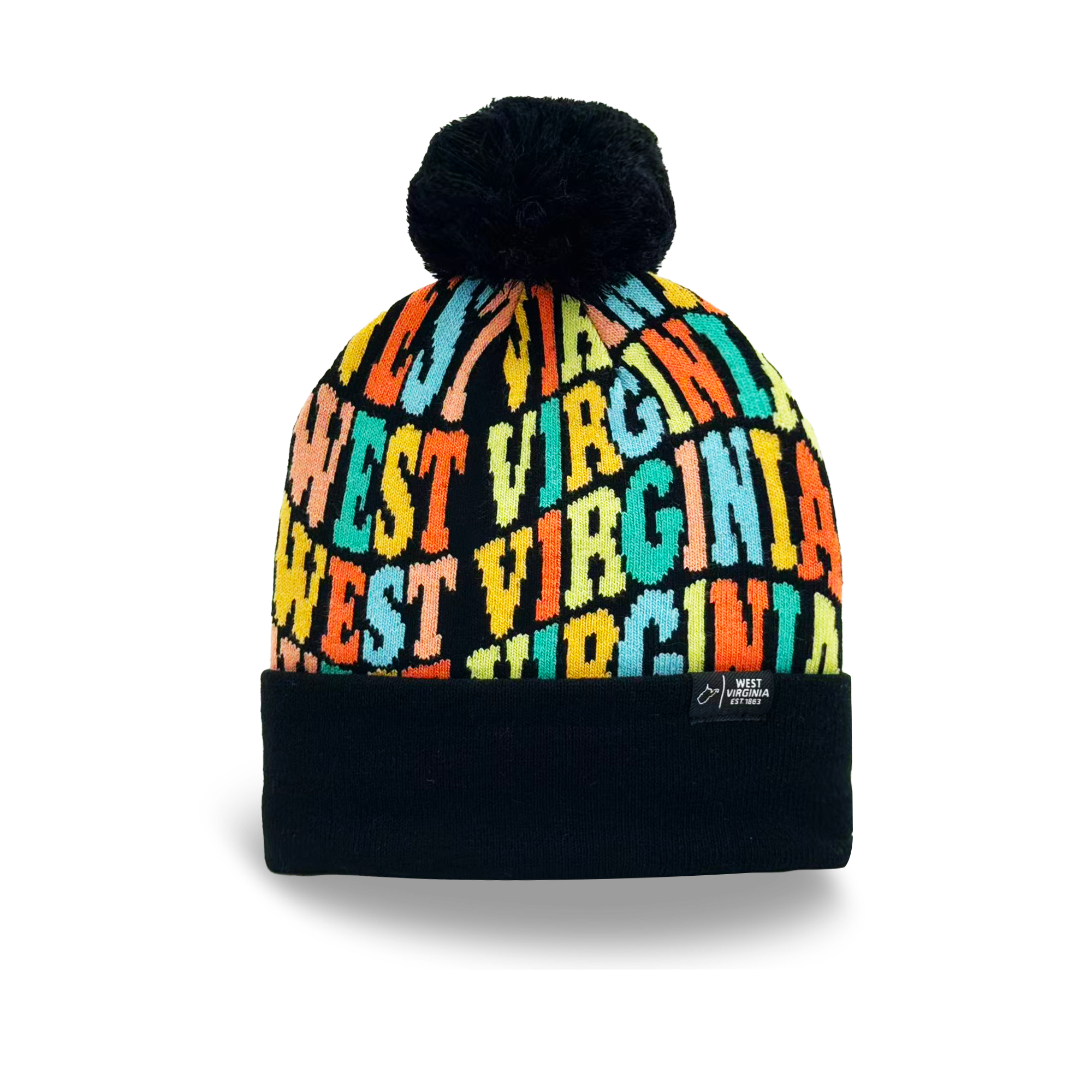 West Virginia Colorful Letter Knit Beanie Retro Pom Pom Winter Hat with Bold Typography