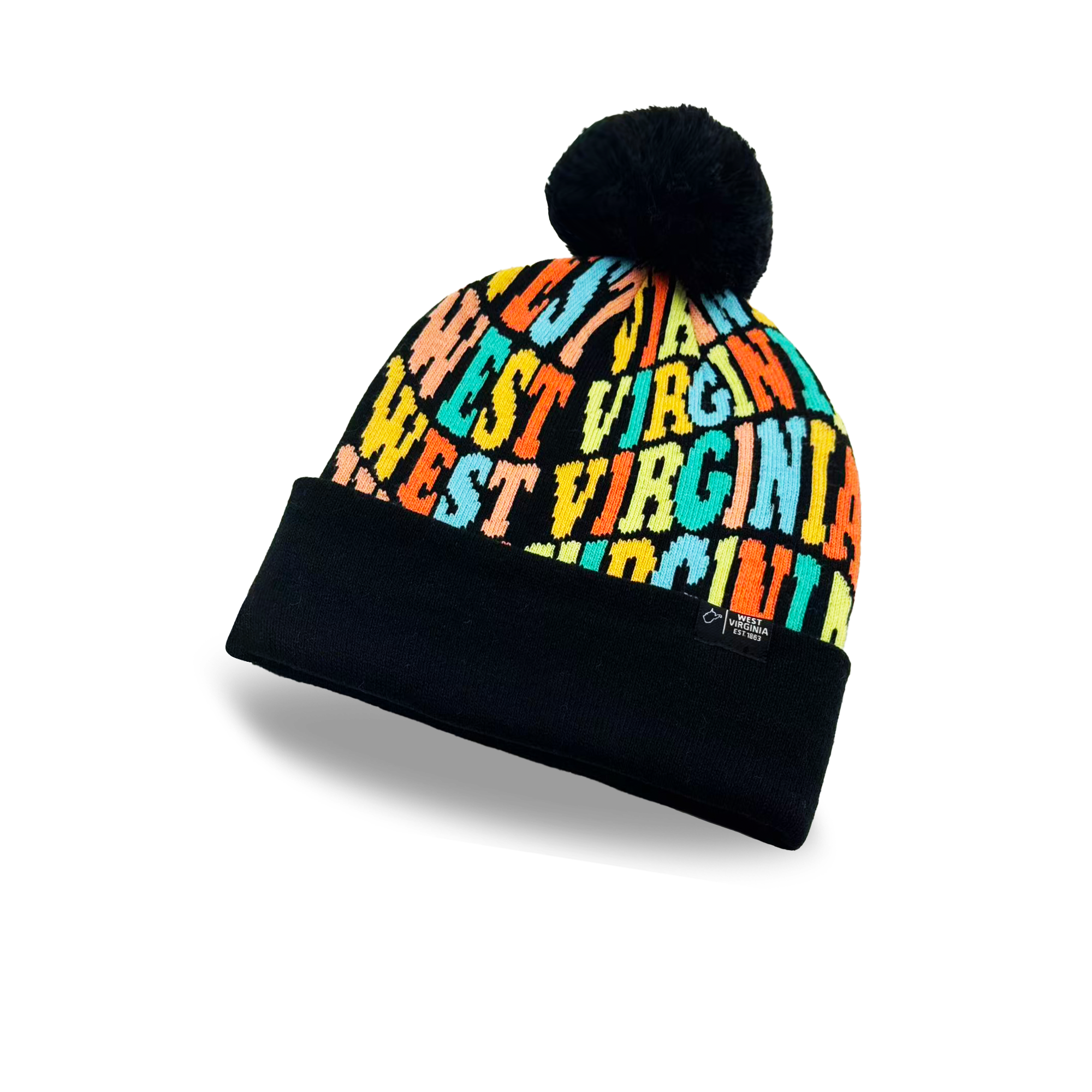 West Virginia Colorful Letter Knit Beanie Retro Pom Pom Winter Hat with Bold Typography