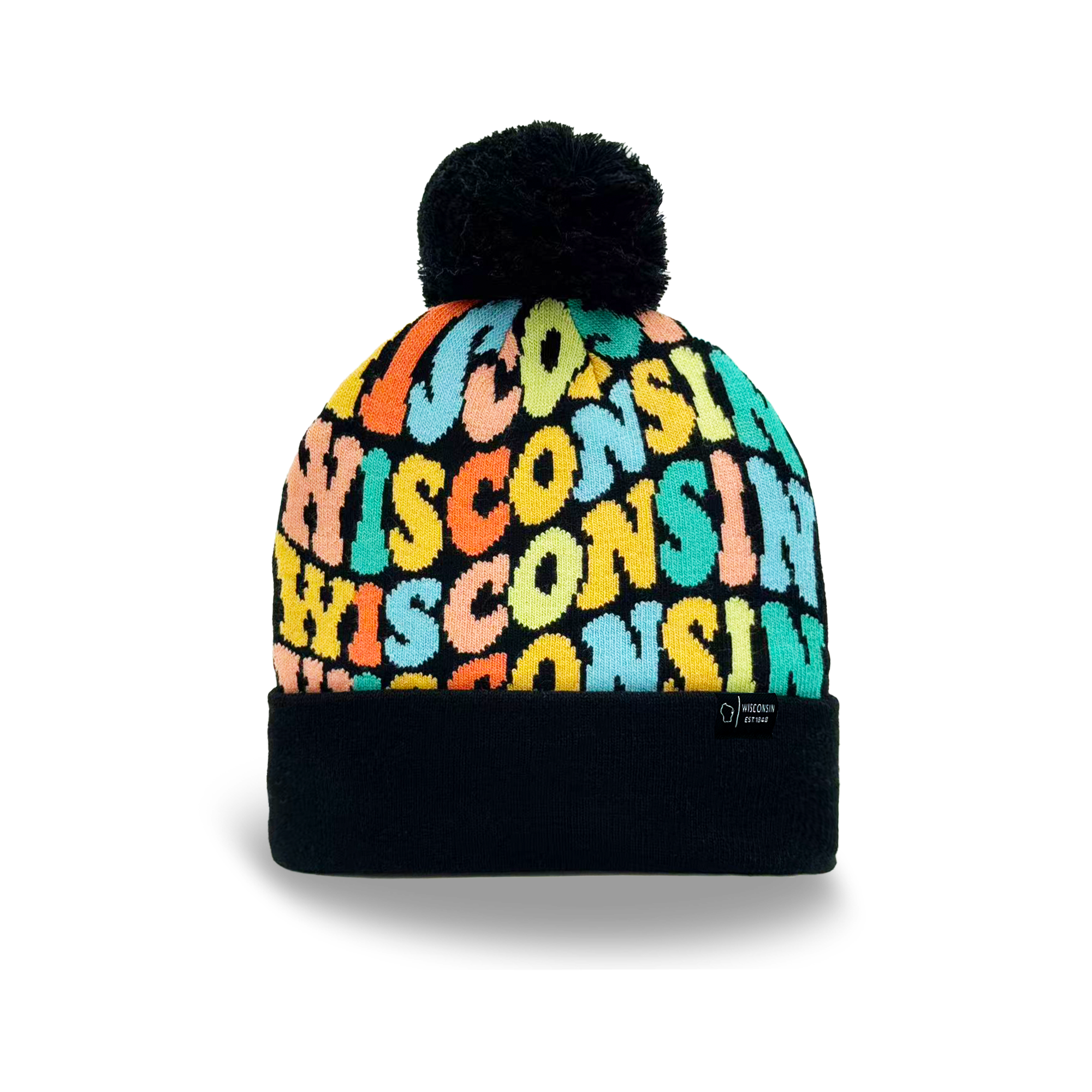 Wisconsin Colorful Letter Beanie Winter Knit Hat with Pom Pom for Cold Weather