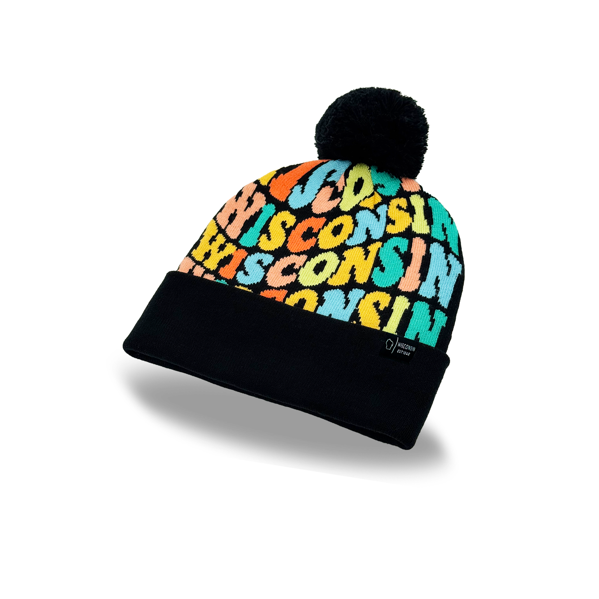 Wisconsin Colorful Letter Beanie Winter Knit Hat with Pom Pom for Cold Weather