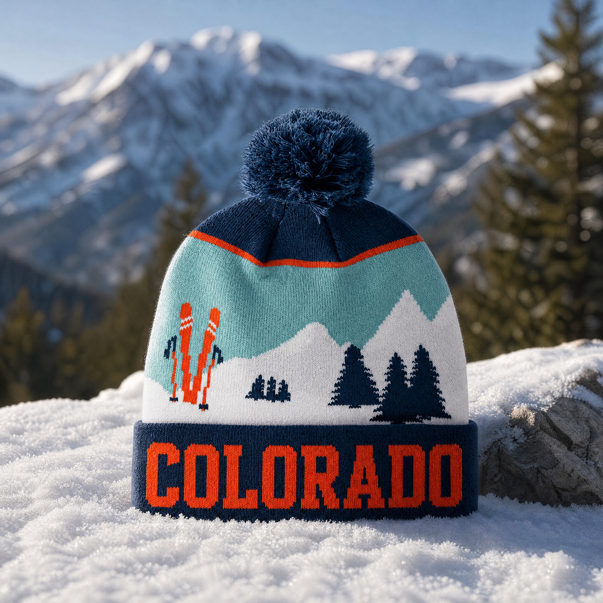 Colorado Ski Mountain Pom Beanie – Custom Cuff Lettering Winter Knit Hat