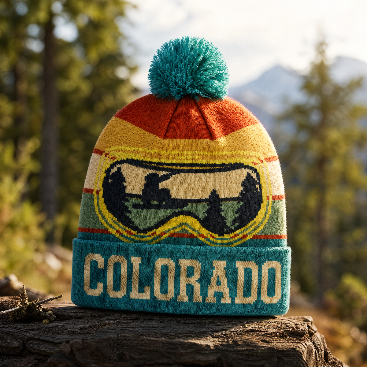 Colorado Ski Goggles Pom Beanie – Custom Cuff Lettering Winter Knit Hat