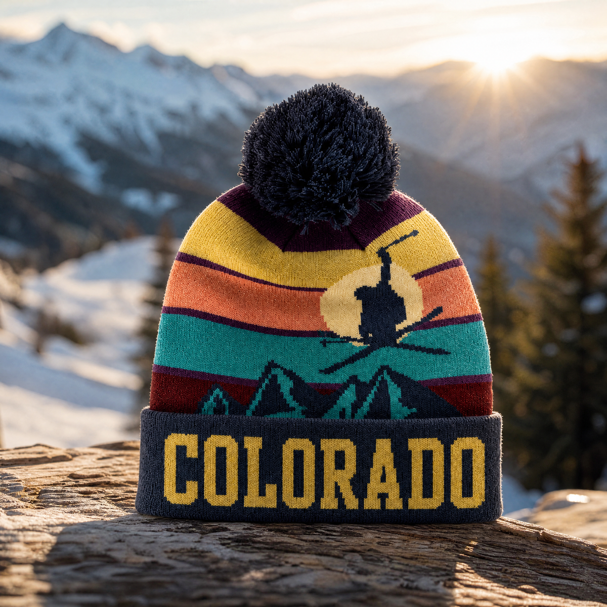 Colorado Ski Lift Sunset Pom Beanie – Custom Cuff Lettering Mountain Knit Hat
